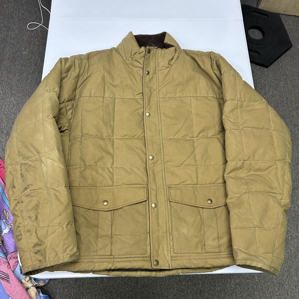 LL Bean Quilted Puffer Jacket Mens XXL Tan Canvas Workwear Distressed A5
